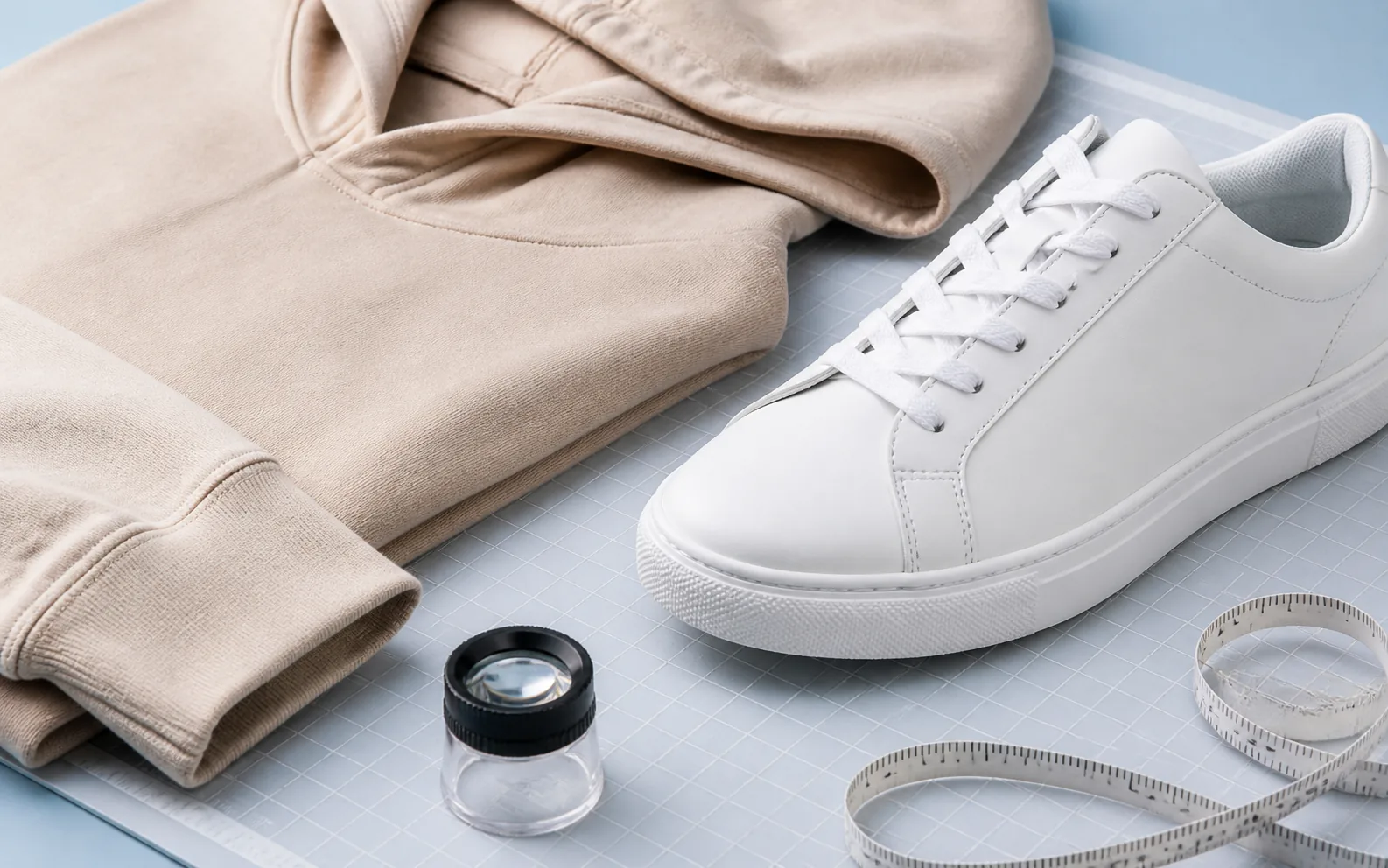 Close inspection of unbranded shoe stitching and clothing fabric