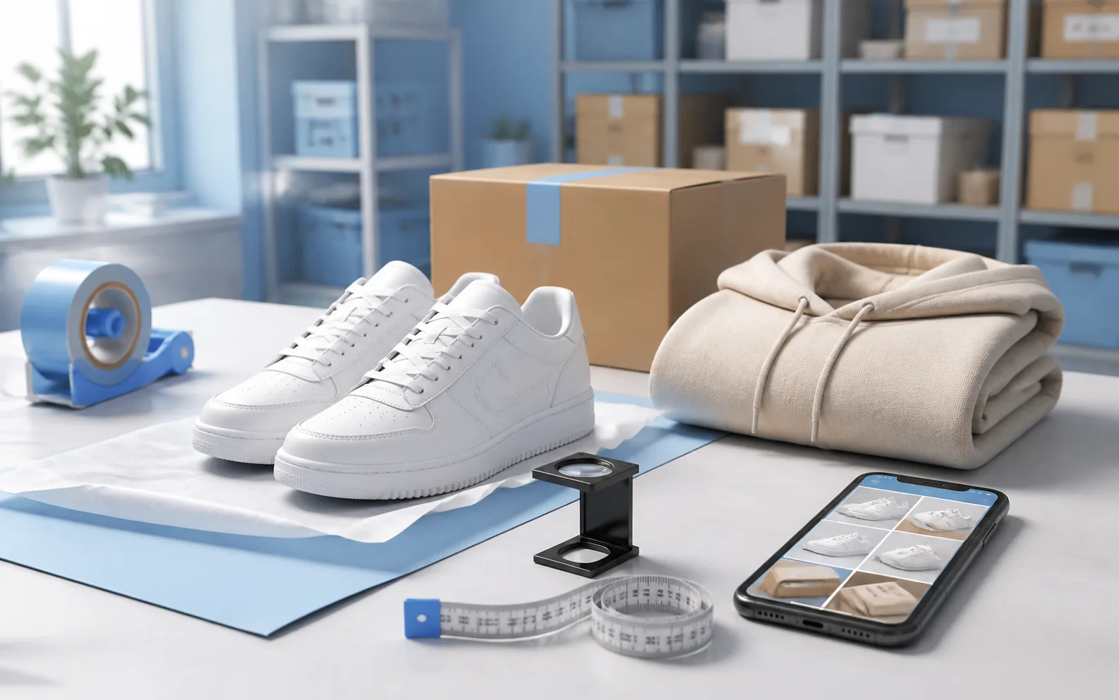 Unbranded products and inspection tools prepared for a QC photo review