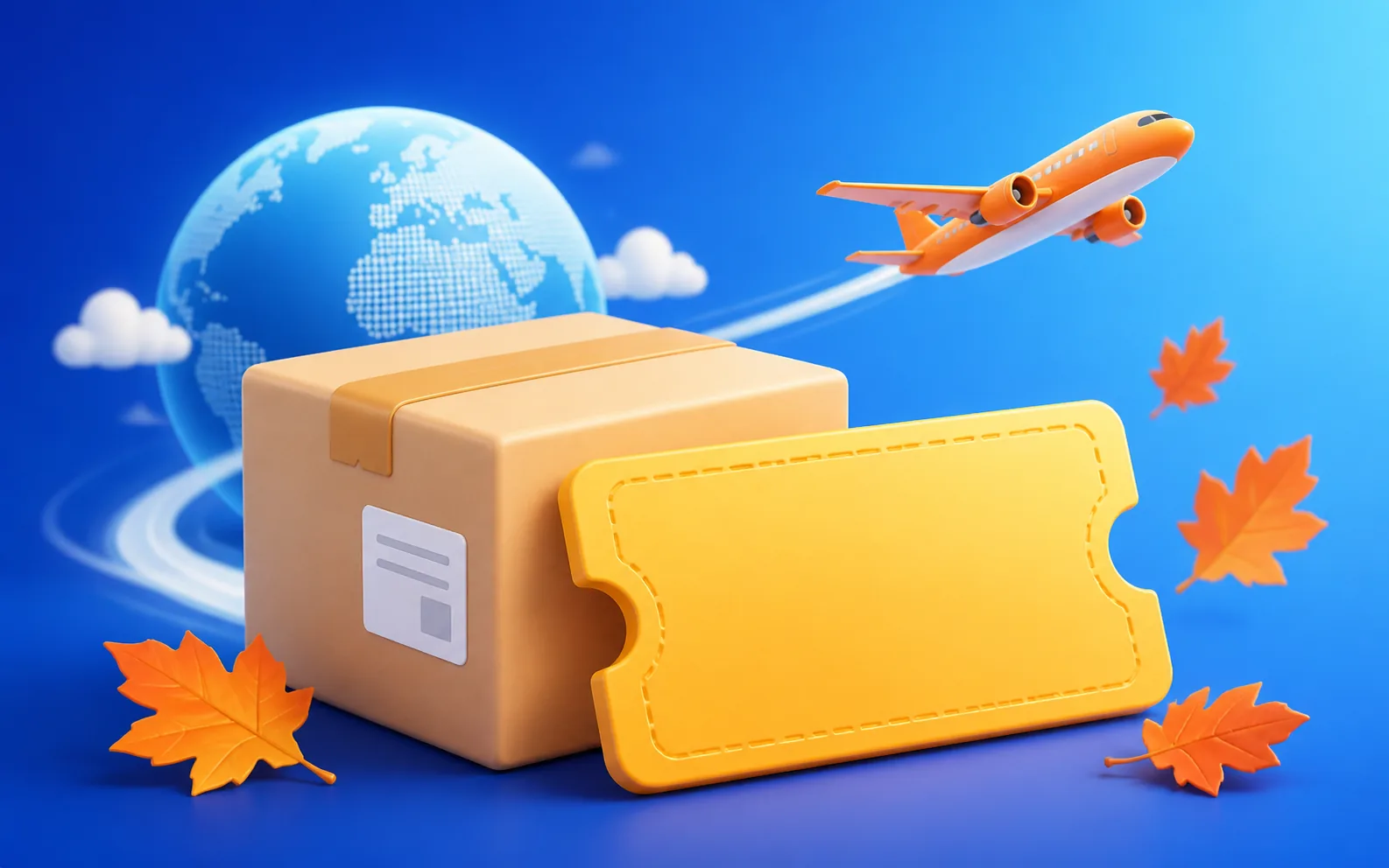 Parcel, coupon ticket, globe, and airplane representing a September shipping offer