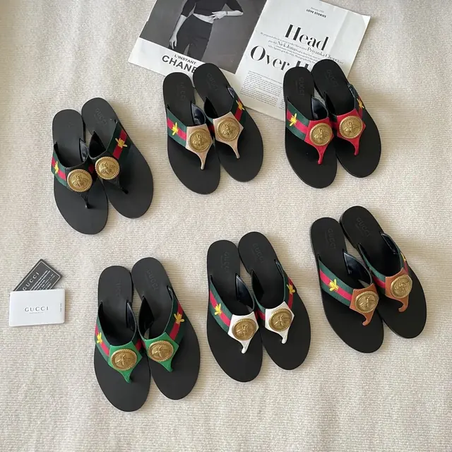 Gucci Web Stripe Bee Medallion Thong Sandals product photo